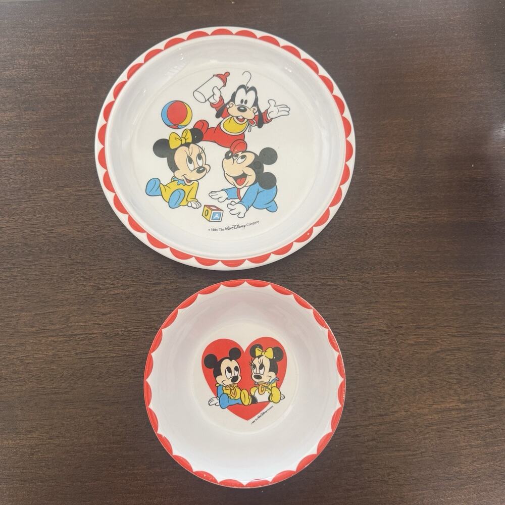 VTG Disney Baby Mickey Minnie Mouse Pluto Childs Bowl and Plate 1984 Melamine